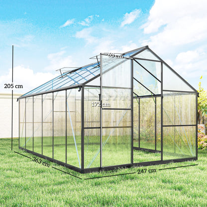 Serre polycarbonate 9 m² installée dans un jardin, dimensions